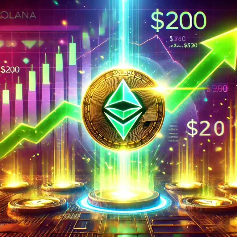 Solana (SOL) cryptocurrency reaching $200 milestone with upward trend arrows and digital chart, symbolizing market growth and investor optimism