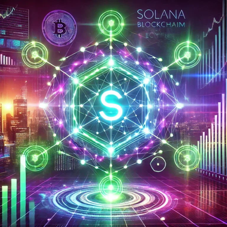 Illustration of the Solana blockchain ecosystem featuring the glowing Solana logo, interconnected nodes, and vibrant neon colors symbolizing high-speed transactions and a thriving digital economy.