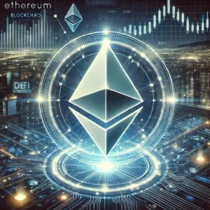 Digital artwork of Ethereum's blockchain ecosystem with a glowing Ethereum logo, futuristic network nodes, and financial charts symbolizing decentralized finance and growth.