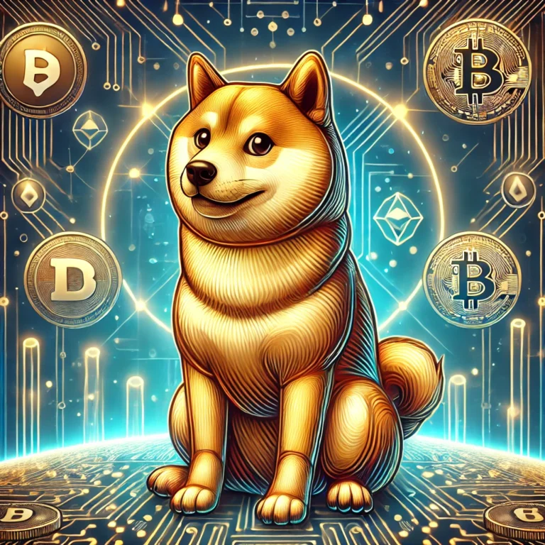 A detailed illustration of a Shiba Inu dog resembling the Dogecoin logo, set against a futuristic cryptocurrency-themed background. The dog has a golden sheen, a friendly and iconic expression, surrounded by glowing digital symbols and blockchain-inspired graphics, symbolizing innovation, technology, and finance.