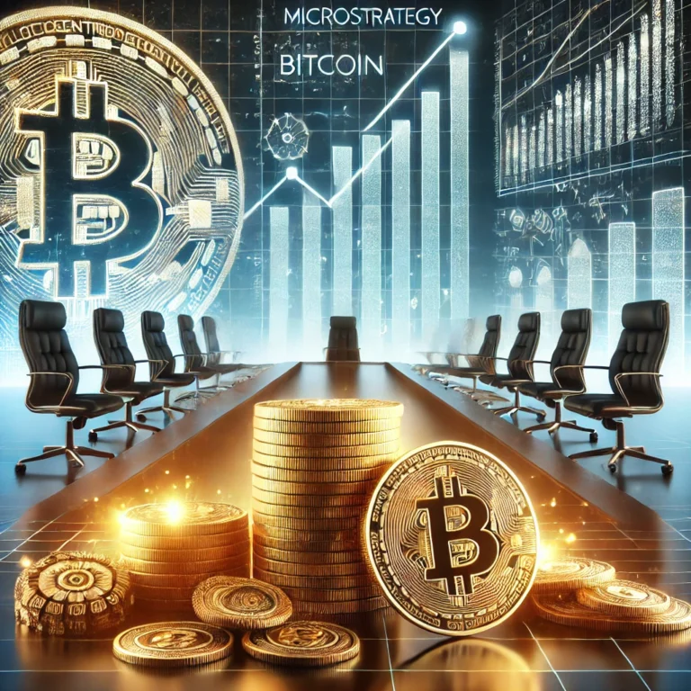 An artistic depiction of MicroStrategy's $4.6 billion Bitcoin acquisition, showing stacks of Bitcoin coins, a corporate boardroom with charts illustrating financial growth trends, and a futuristic digital theme. The image conveys strategic innovation and bold decision-making in the cryptocurrency market.