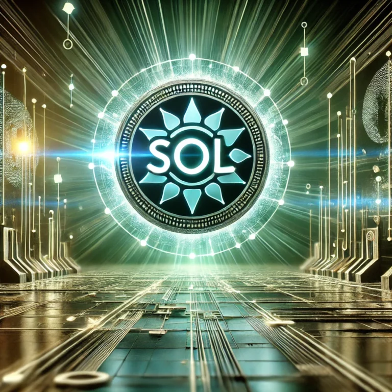 Solana (SOL) cryptocurrency logo displayed against a futuristic digital background with blockchain-inspired elements, including glowing connected nodes and lines, symbolizing speed and innovation.