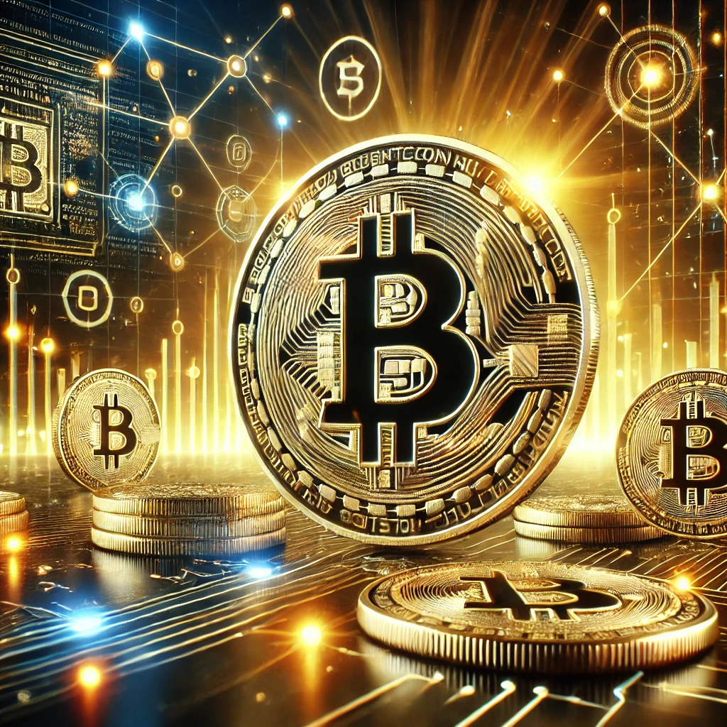 Bitcoin (BTC) logo in gold displayed against a futuristic digital financial background with glowing blockchain elements, interconnected nodes, and data streams symbolizing technological innovation.