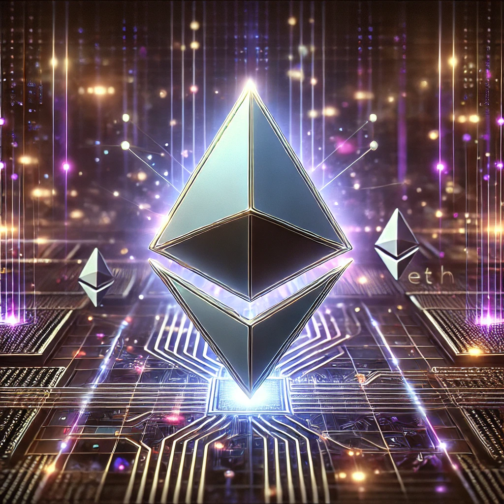 Ethereum (ETH) logo in sleek silver against a futuristic digital network background, with glowing blockchain elements, interconnected nodes, and vibrant data streams symbolizing innovation.