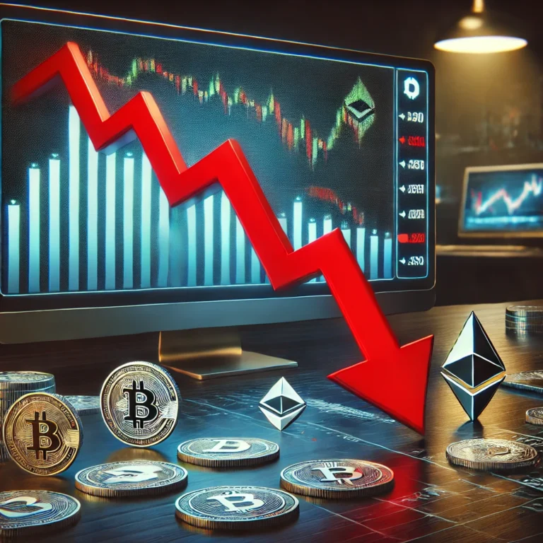 ryptocurrency market downturn illustration showing a red downward arrow, Bitcoin, Ethereum, and Cardano symbols, with a trading desk background and market charts in decline.