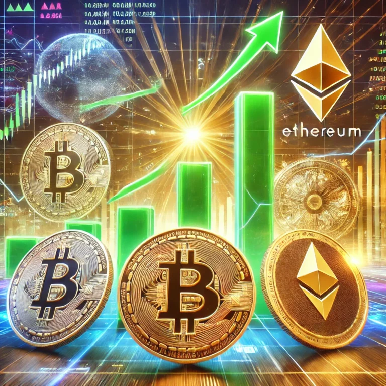 A dynamic representation of the cryptocurrency market bull run, showcasing Bitcoin, Ethereum, Solana, and Dogecoin symbols with an upward stock chart in the background. The image uses green and gold tones to signify growth and is set in a futuristic digital environment with holographic data displays.