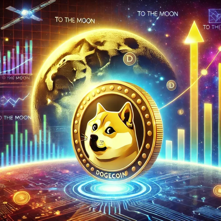 Futuristic illustration of Dogecoin's rise, featuring a glowing Dogecoin logo on a golden coin against a digital backdrop with upward-trending arrows, charts, blockchain graphics, and a cosmic theme representing the 'to the moon' concept.