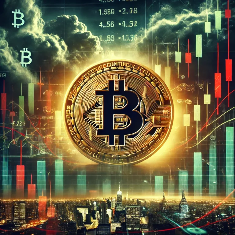 A glowing golden Bitcoin coin surrounded by red and green candlestick charts, set against a stormy financial market backdrop with turbulent clouds and stock symbols, symbolizing market volatility and uncertainty.