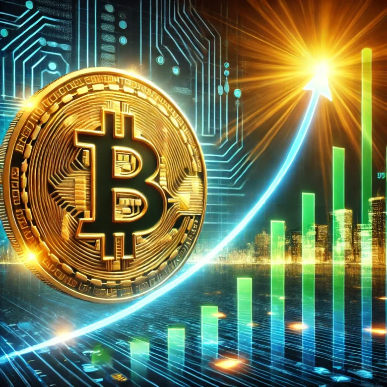 A glowing golden Bitcoin symbol with an ascending candlestick chart, futuristic city skyline, and digital patterns in green and blue tones.