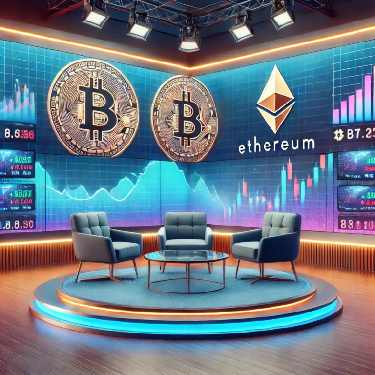 A modern TV studio with a financial theme, showcasing a digital backdrop featuring Bitcoin and Ethereum logos, vibrant market trend charts, and a sleek, futuristic design emphasizing cryptocurrency discussions.