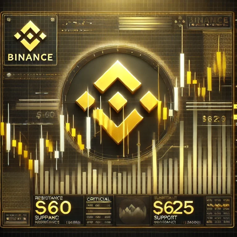 A digital chart showcasing Binance Coin (BNB) price analysis, with candlestick patterns, resistance at $660, and support at $625, set against a yellow-and-black Binance-themed background.