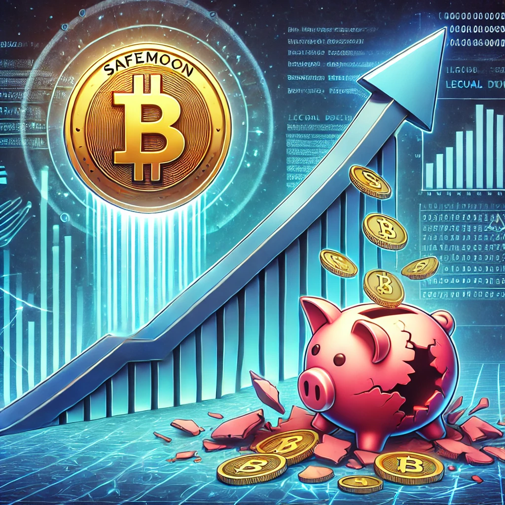 A conceptual illustration showing the rise and fall of SafeMoon cryptocurrency with a coin on a steep upward trajectory, followed by a crash into a broken piggy bank, surrounded by blockchain patterns and legal symbols.