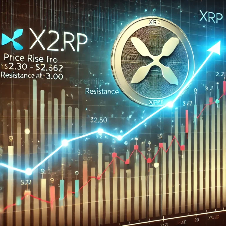 Illustration of XRP's price surge with a glowing XRP logo, futuristic stock chart, and financial network elements.