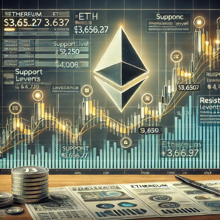 Ethereum (ETH) price chart showing a recent dip to $3,656.27, with support at $3,250 and resistance at $4,090. The chart includes annotations for key market events like ETF anticipation and sentiment shifts, set against a blockchain-themed background featuring the Ethereum logo.