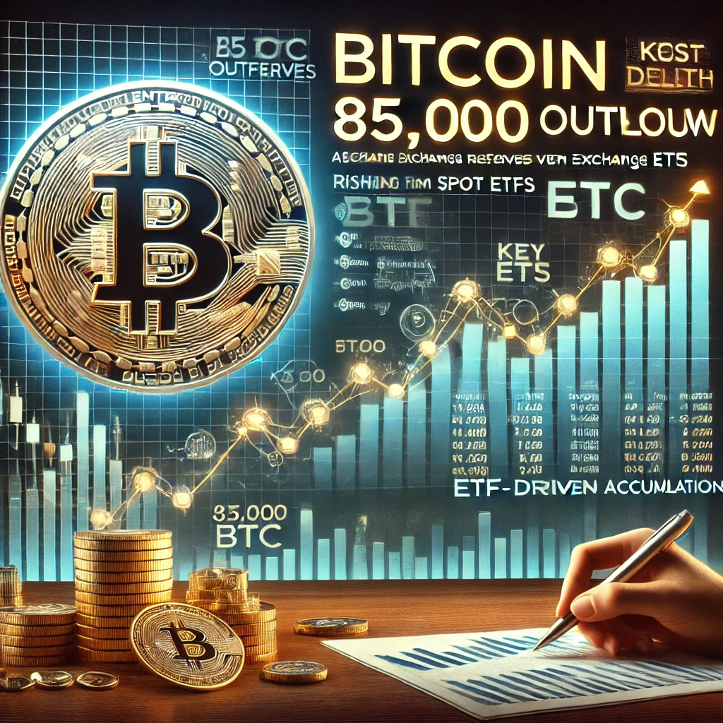 A financial chart illustrating Bitcoin's market dynamics, including a sharp drop in exchange reserves (85,000 BTC outflow) and rising ETF-driven demand. Features annotations for key events, a sleek Bitcoin logo, and a professional digital background emphasizing its global economic role.