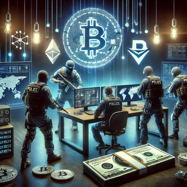 Law enforcement agents in high-tech gear seizing digital wallets and cash, with a futuristic background featuring glowing blockchain graphics and a global map.