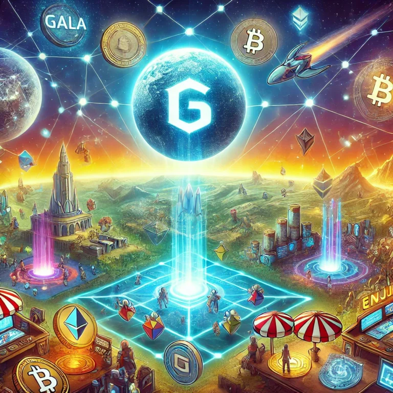 A futuristic scene depicting the gaming token ecosystem with glowing digital arenas, decentralized blockchain networks, gaming tokens like GALA, SAND, MANA, and ENJ, and vibrant NFT and metaverse elements.