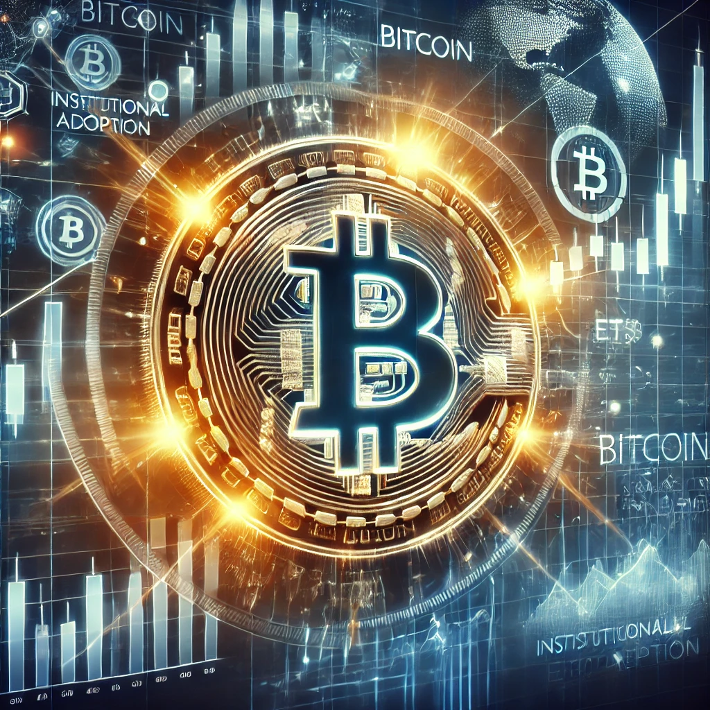 A futuristic illustration of Bitcoin’s price action showing a glowing Bitcoin logo with a rising financial chart toward $100,000, surrounded by blockchain and financial symbols.