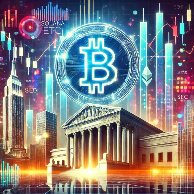 A dynamic illustration depicting the concept of Solana (SOL) ETFs being reviewed by the SEC, showcasing a futuristic city skyline with overlaying financial graphs and the Solana logo. The SEC building is subtly visible in the background, emphasizing regulatory involvement, while vibrant digital hues represent the energetic cryptocurrency market.