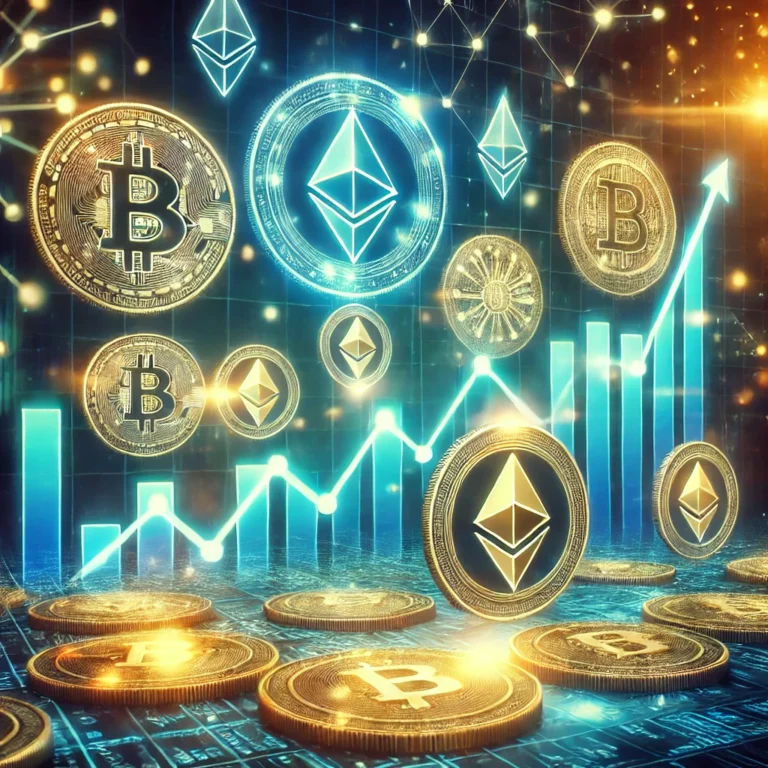 A vibrant depiction of the cryptocurrency market during altcoin season, featuring glowing digital coin symbols like Ethereum, Solana, and Chainlink, surrounded by a futuristic background of neon blue and green lights with an upward-trending graph.