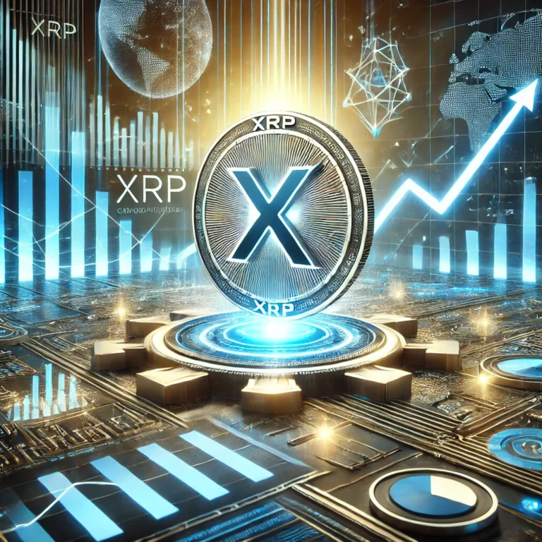 A glowing XRP cryptocurrency coin in the foreground, surrounded by futuristic graphs and charts showing upward trends. The background features a high-tech digital environment in blue and silver hues, symbolizing blockchain technology and market growth.