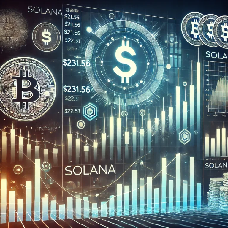 A detailed chart showcasing Solana's recent price movements, featuring candlestick patterns, trend lines, and volume indicators, set against a backdrop with blockchain motifs and digital finance elements.