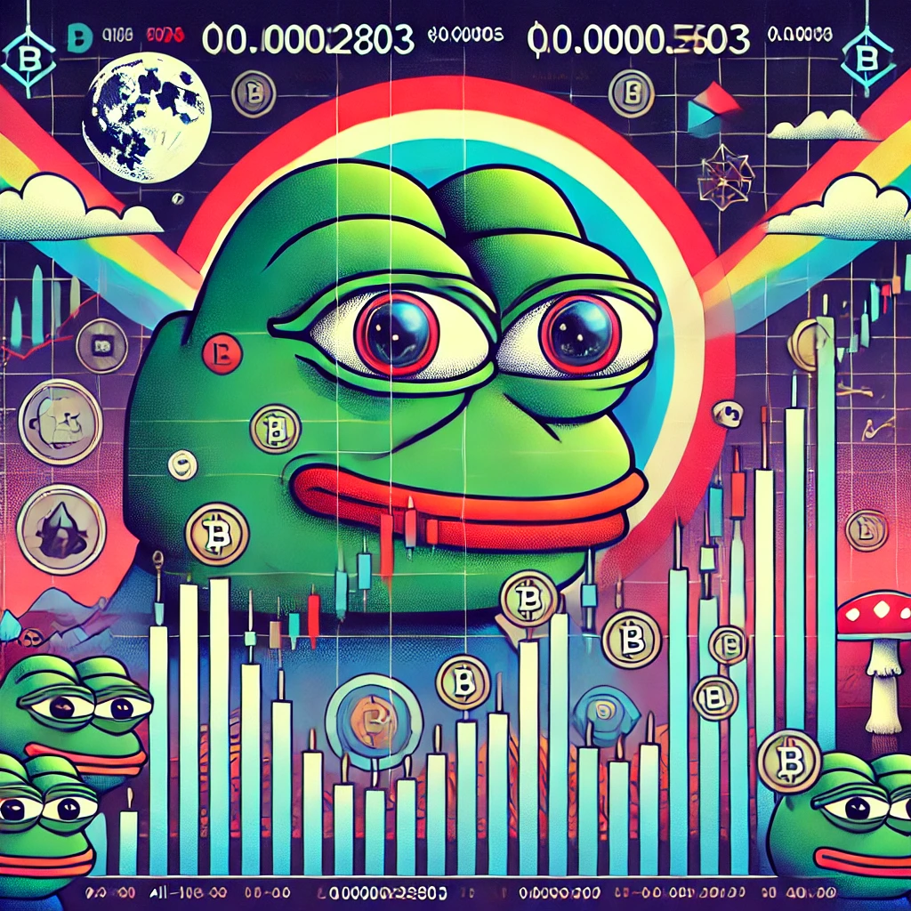 A detailed chart showcasing Pepe (PEPE) cryptocurrency's recent market performance, featuring candlestick patterns, trend lines, and key data points such as its all-time high and current price. The background includes subtle Pepe-themed motifs to highlight its meme coin origins.