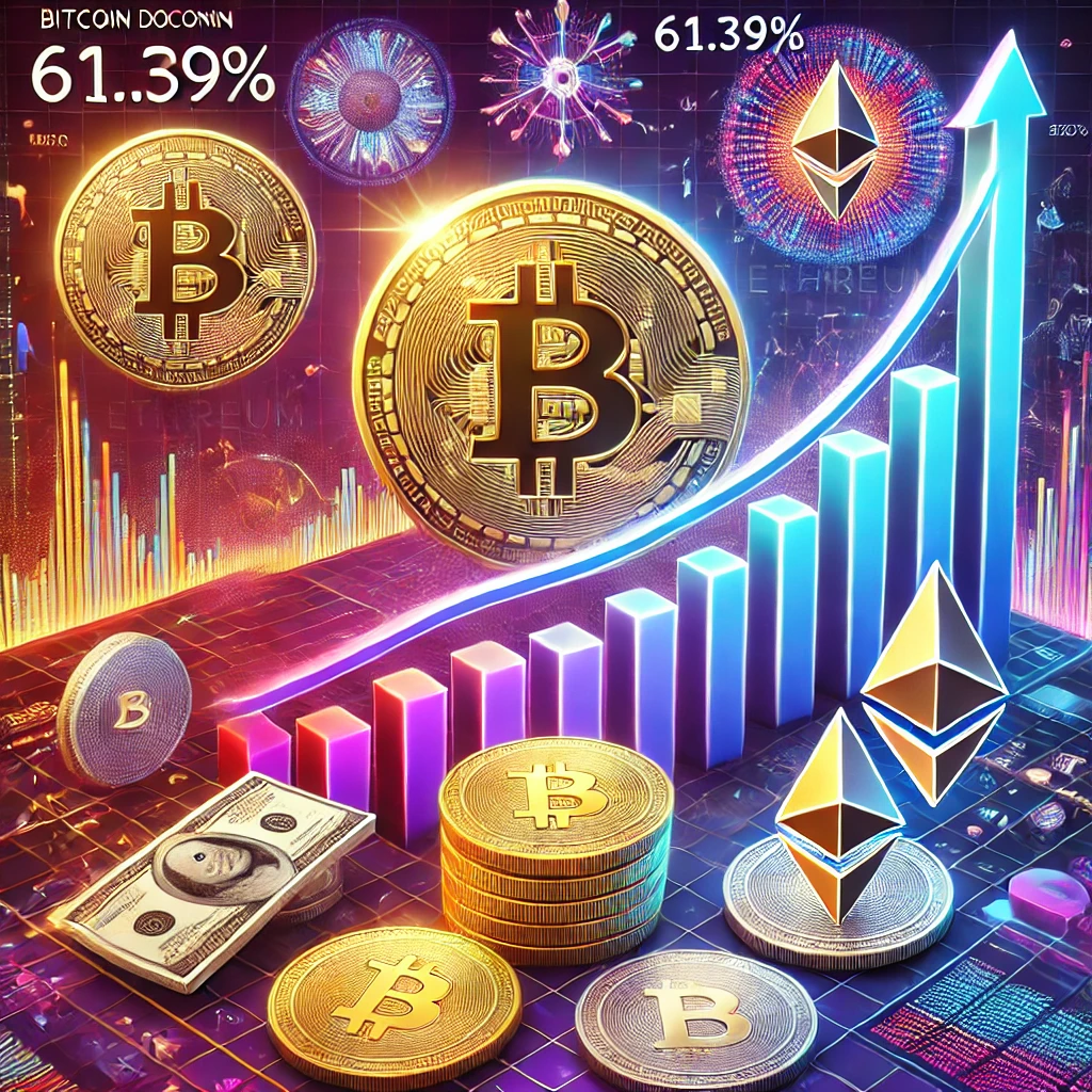 A professional cryptocurrency market chart showing Bitcoin's dominance declining to 61.39%, with rising trends for altcoins like Ethereum and Solana. The background includes vibrant altcoin symbols and blockchain-inspired elements, reflecting the dynamic crypto market.